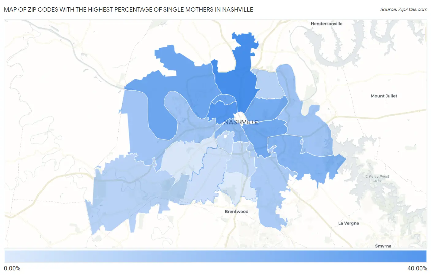 Zip Codes with the Highest Percentage of Single Mothers in Nashville Map