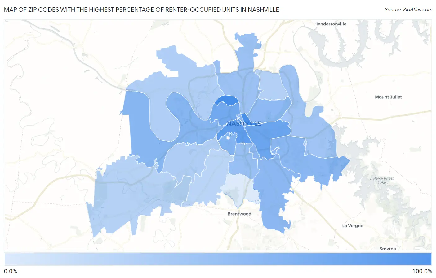 Zip Codes with the Highest Percentage of Renter-Occupied Units in Nashville Map