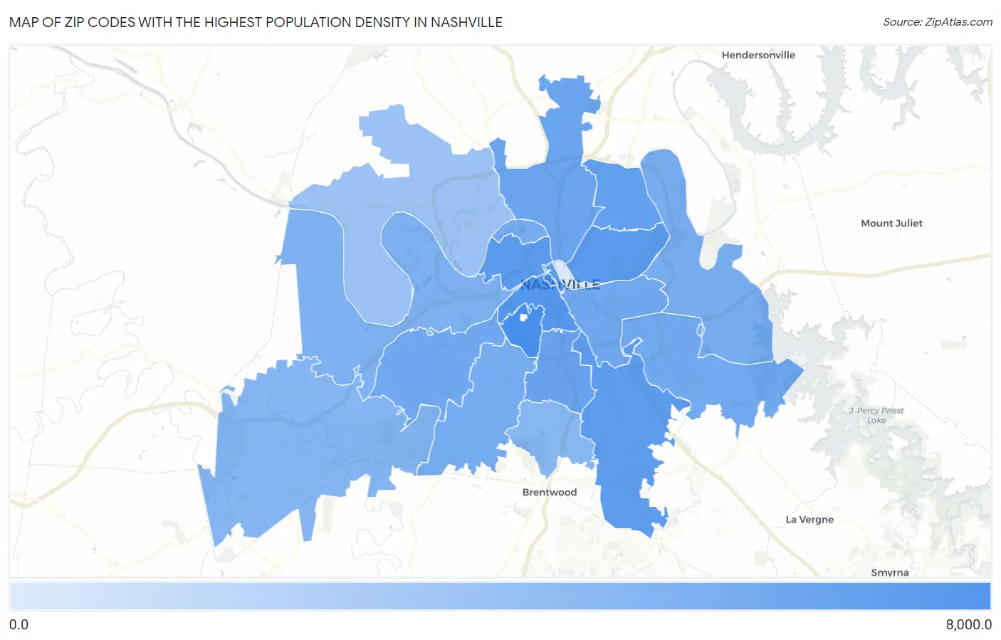 Zip Codes with the Highest Population Density in Nashville Map