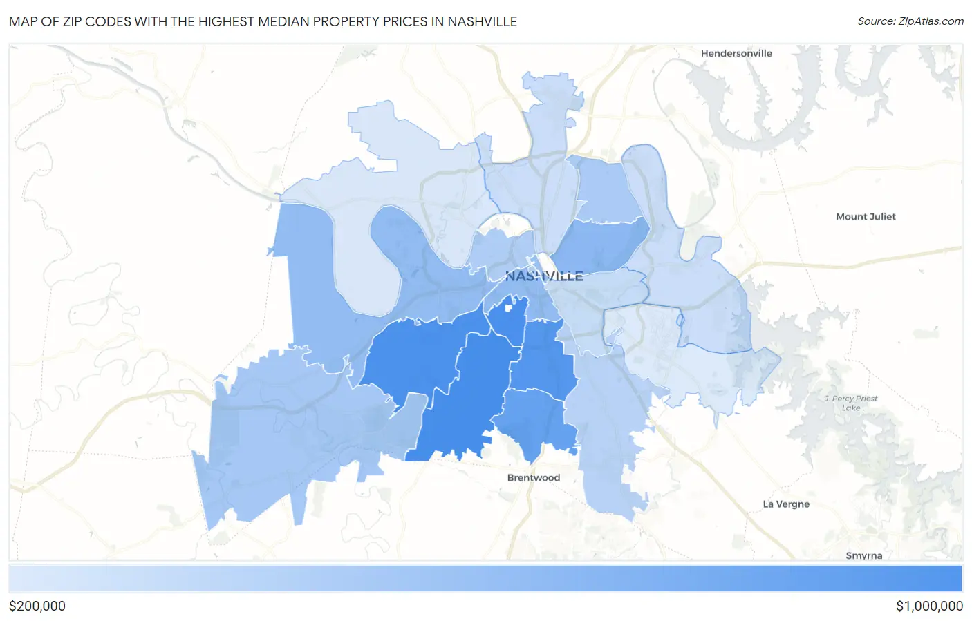 Zip Codes with the Highest Median Property Prices in Nashville Map