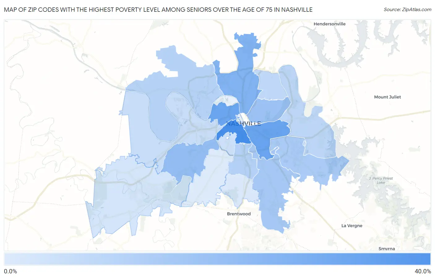 Zip Codes with the Highest Poverty Level Among Seniors Over the Age of 75 in Nashville Map