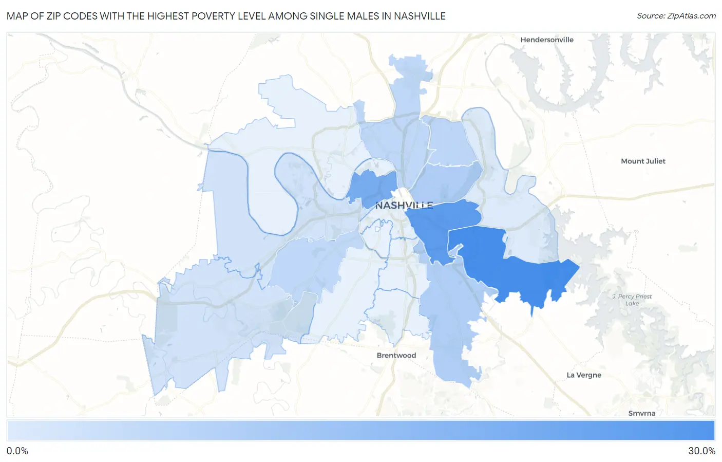 Zip Codes with the Highest Poverty Level Among Single Males in Nashville Map