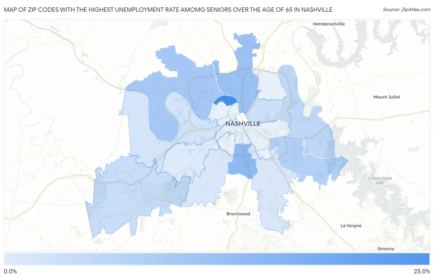 Zip Codes with the Highest Unemployment Rate Amomg Seniors Over the Age of 65 in Nashville Map