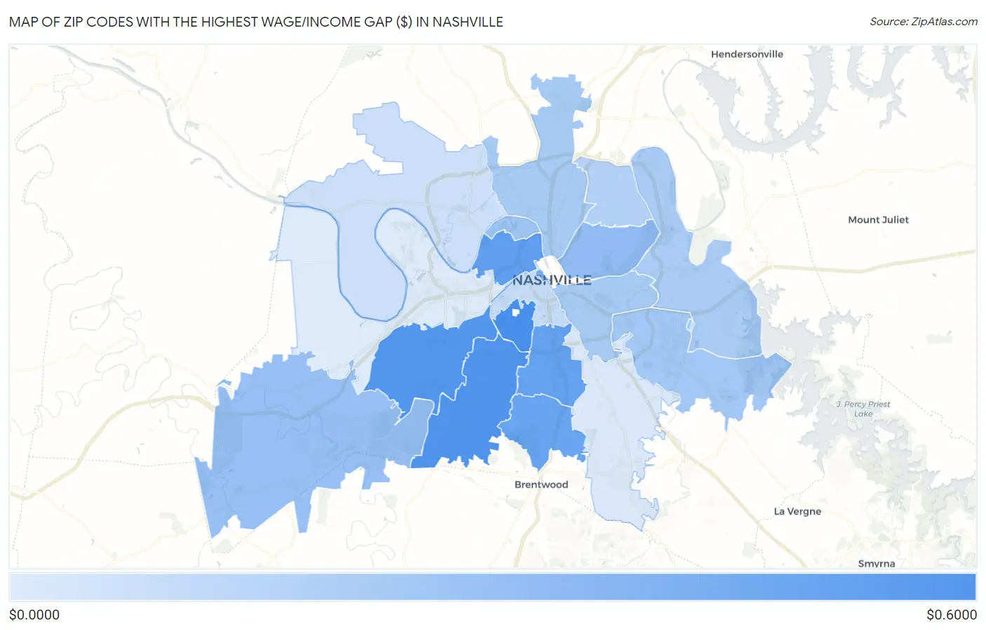 Zip Codes with the Highest Wage/Income Gap ($) in Nashville Map