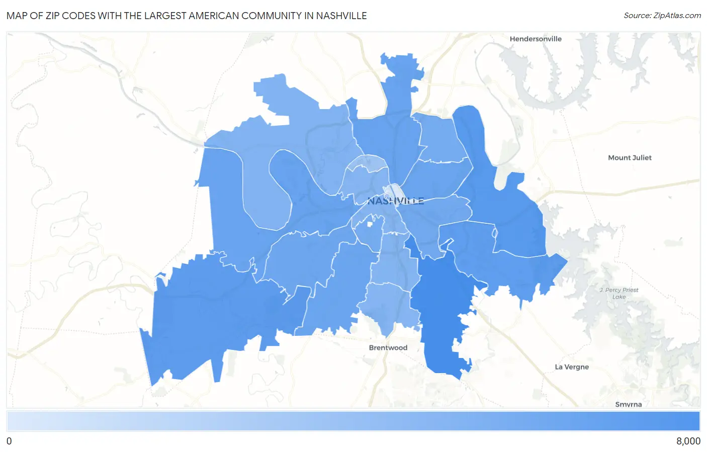 Zip Codes with the Largest American Community in Nashville Map
