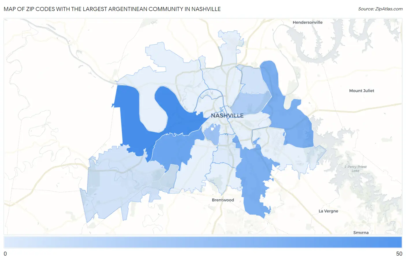 Zip Codes with the Largest Argentinean Community in Nashville Map
