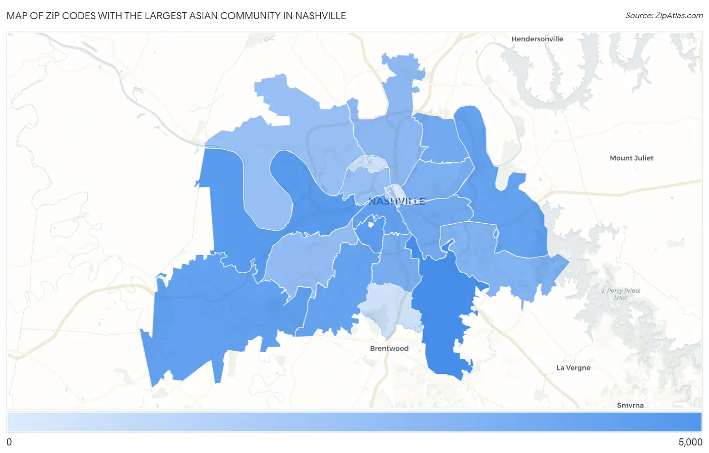Zip Codes with the Largest Asian Community in Nashville Map
