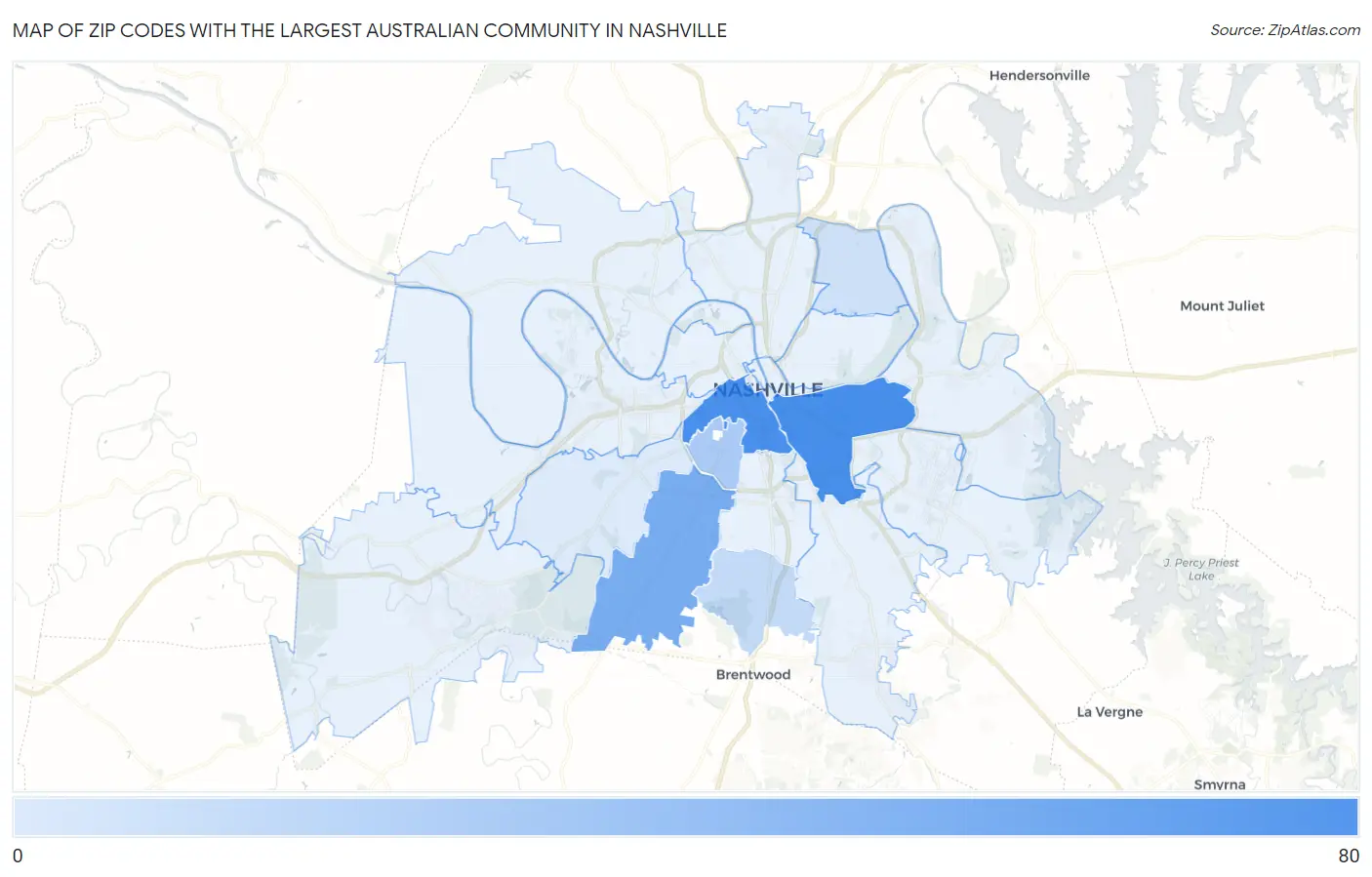 Zip Codes with the Largest Australian Community in Nashville Map
