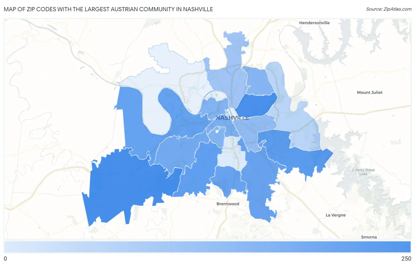 Zip Codes with the Largest Austrian Community in Nashville Map