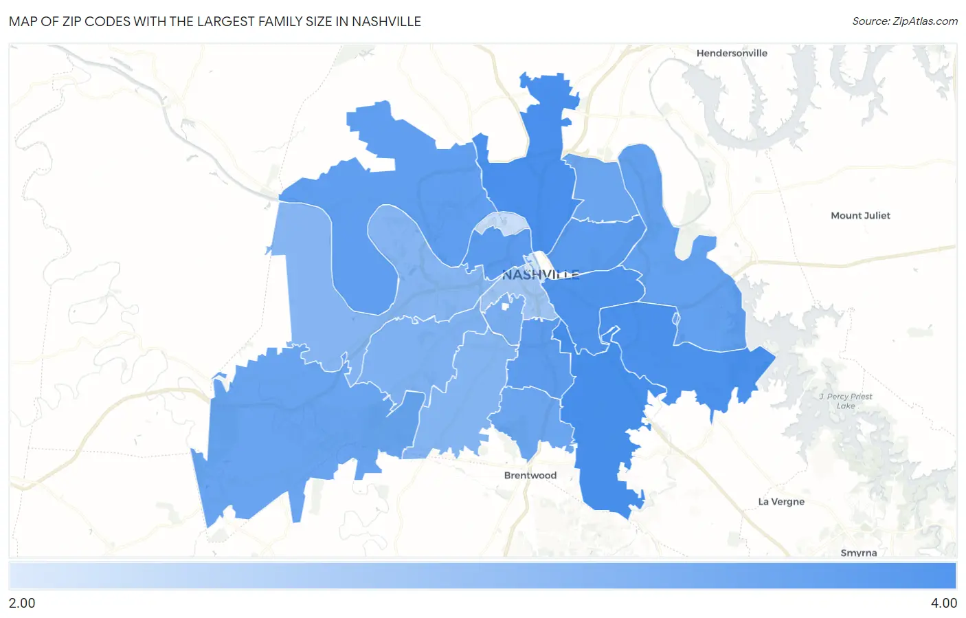 Zip Codes with the Largest Family Size in Nashville Map
