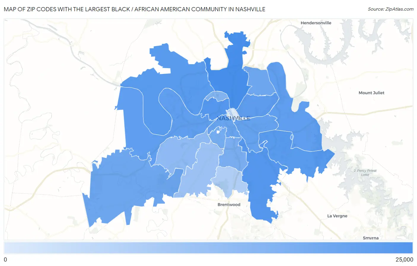 Zip Codes with the Largest Black / African American Community in Nashville Map