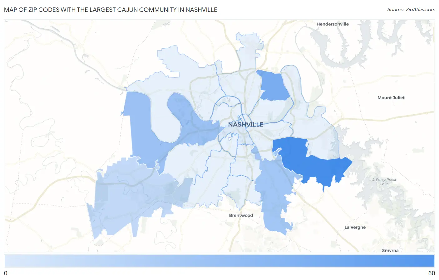 Zip Codes with the Largest Cajun Community in Nashville Map