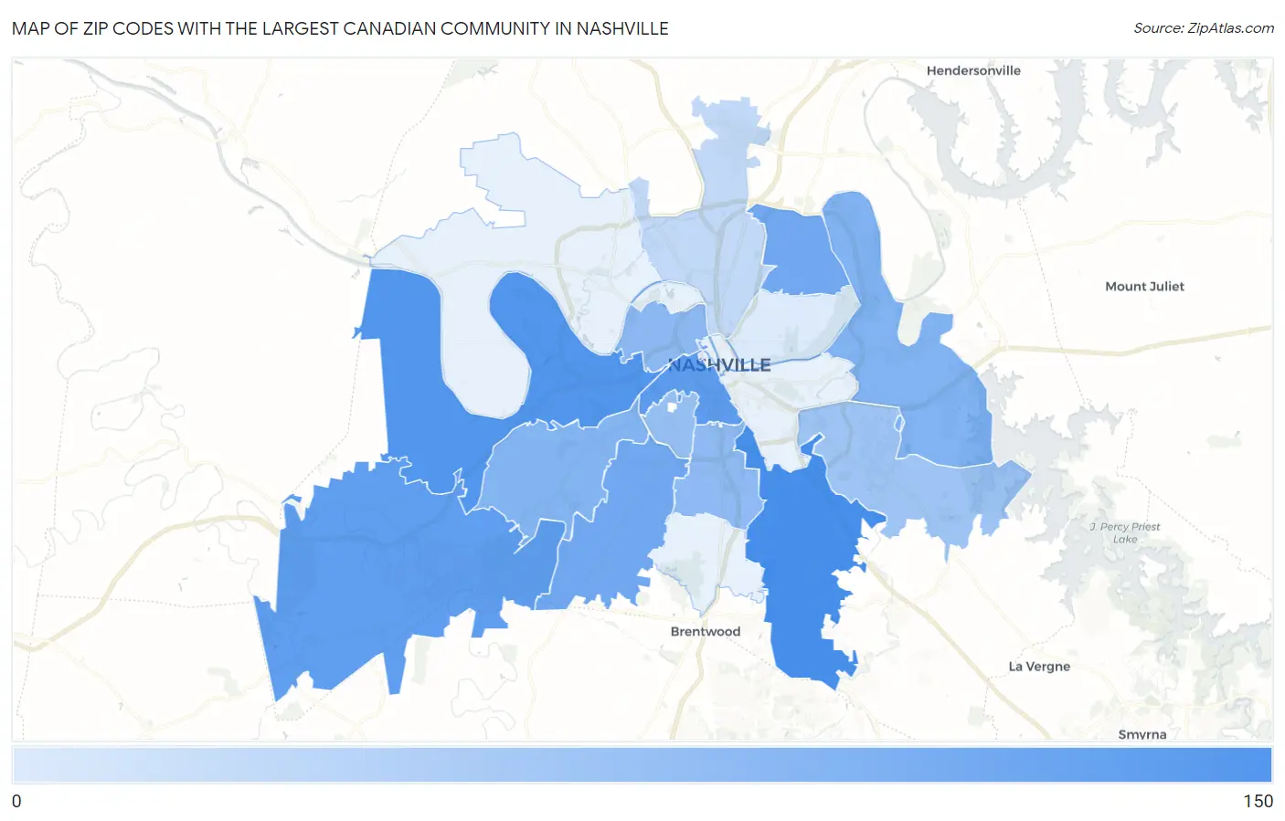 Zip Codes with the Largest Canadian Community in Nashville Map