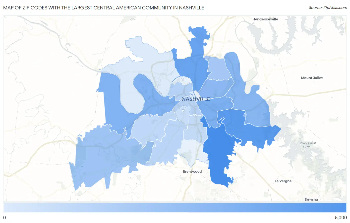 Zip Codes with the Largest Central American Community in Nashville Map