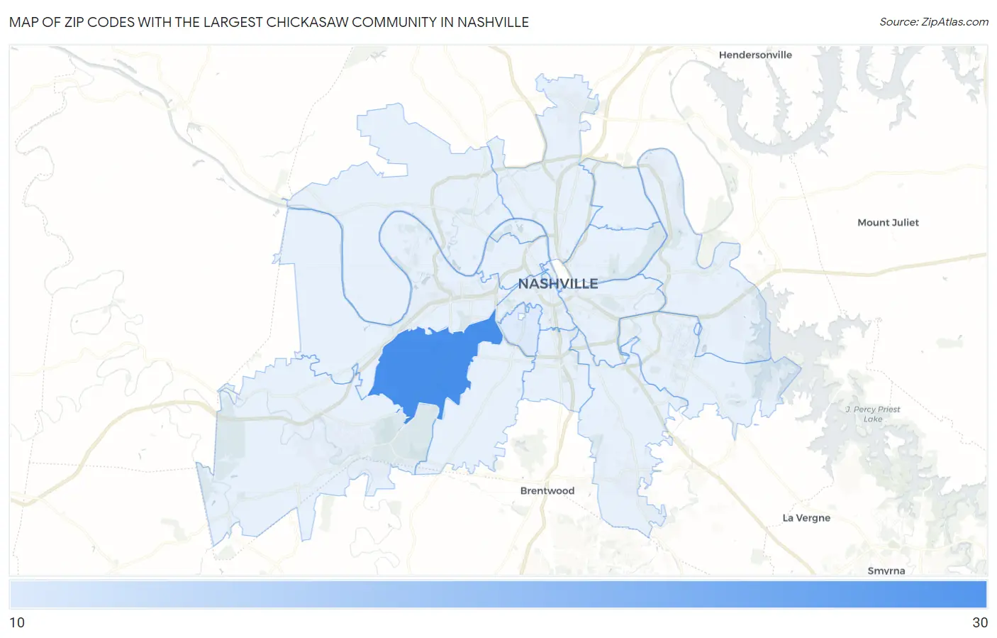 Zip Codes with the Largest Chickasaw Community in Nashville Map