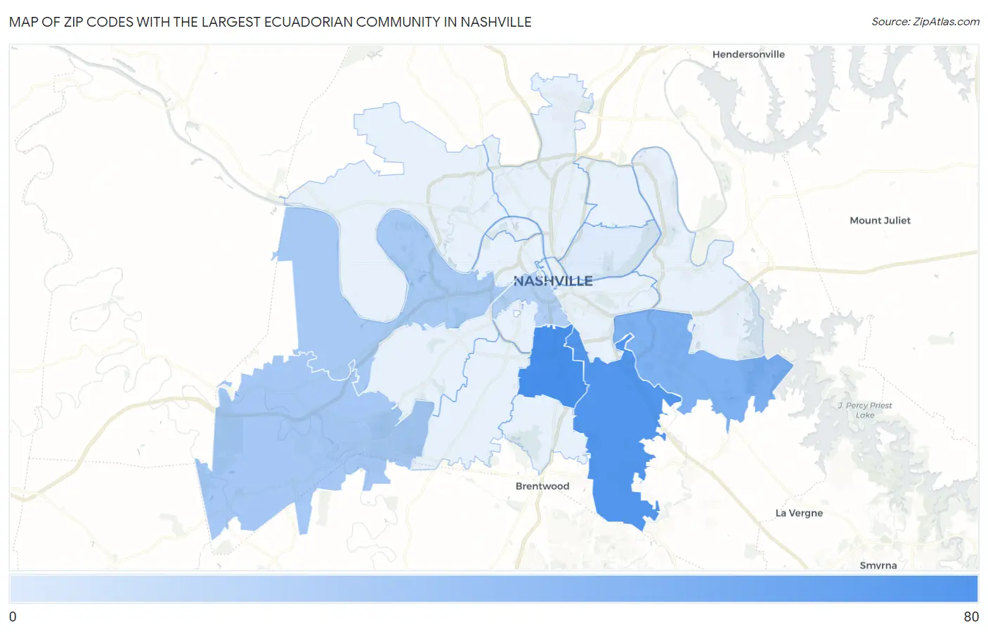 Zip Codes with the Largest Ecuadorian Community in Nashville Map