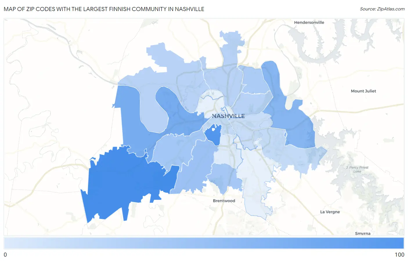 Zip Codes with the Largest Finnish Community in Nashville Map
