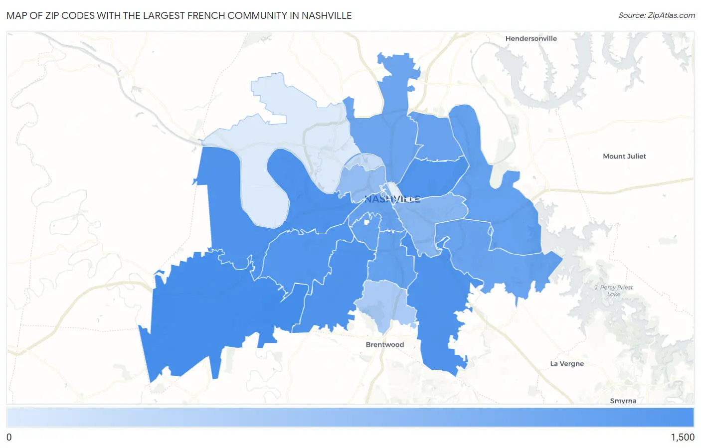 Zip Codes with the Largest French Community in Nashville Map