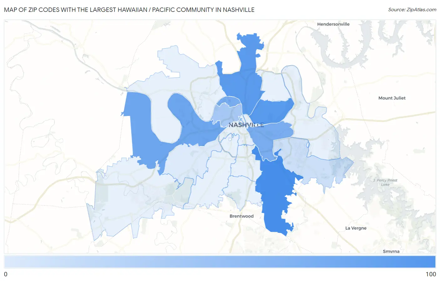 Zip Codes with the Largest Hawaiian / Pacific Community in Nashville Map