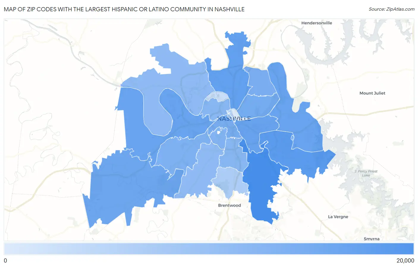 Zip Codes with the Largest Hispanic or Latino Community in Nashville Map
