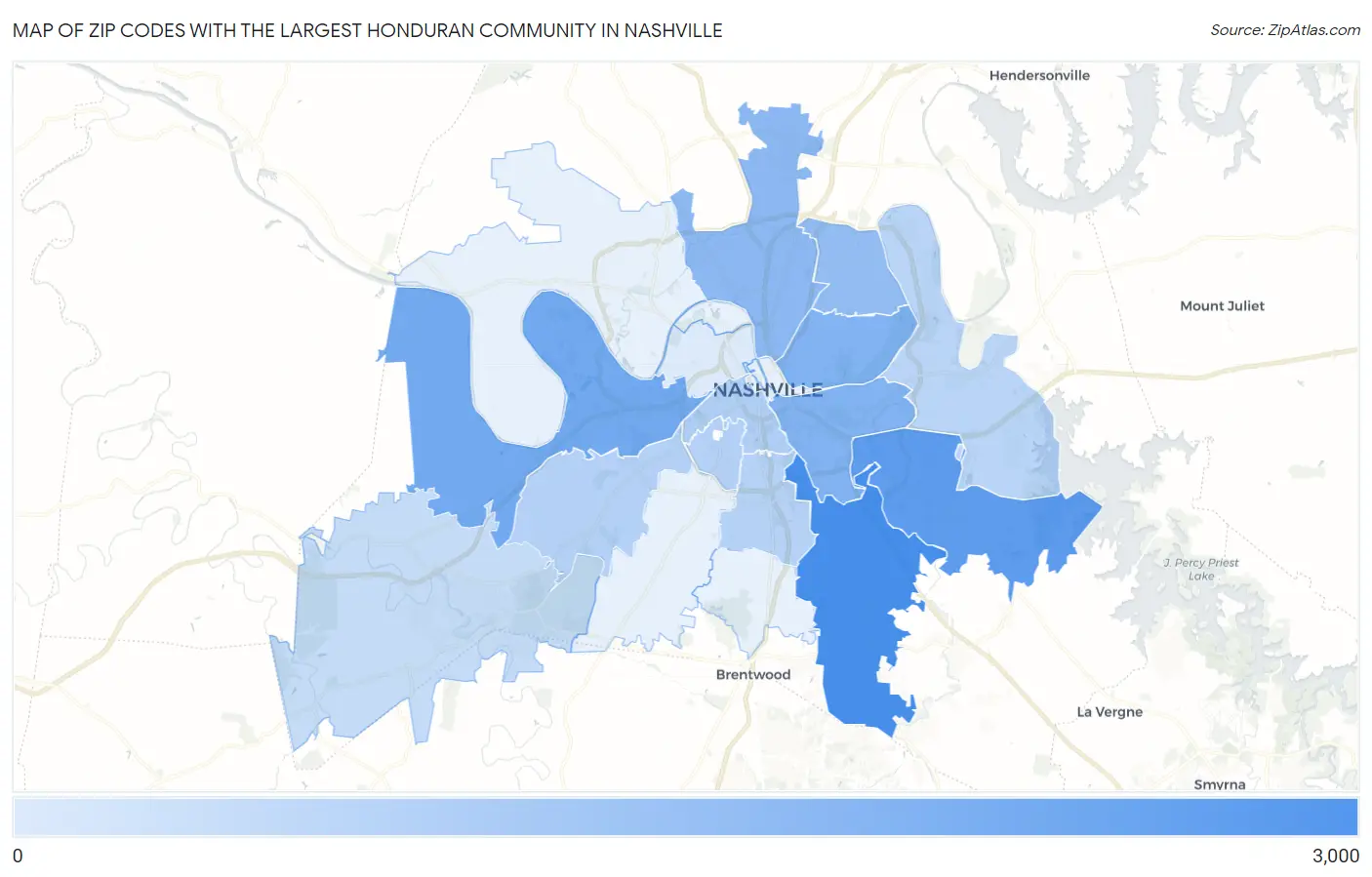 Zip Codes with the Largest Honduran Community in Nashville Map