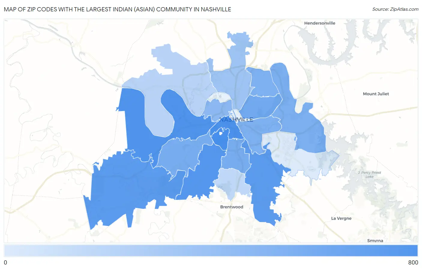 Zip Codes with the Largest Indian (Asian) Community in Nashville Map