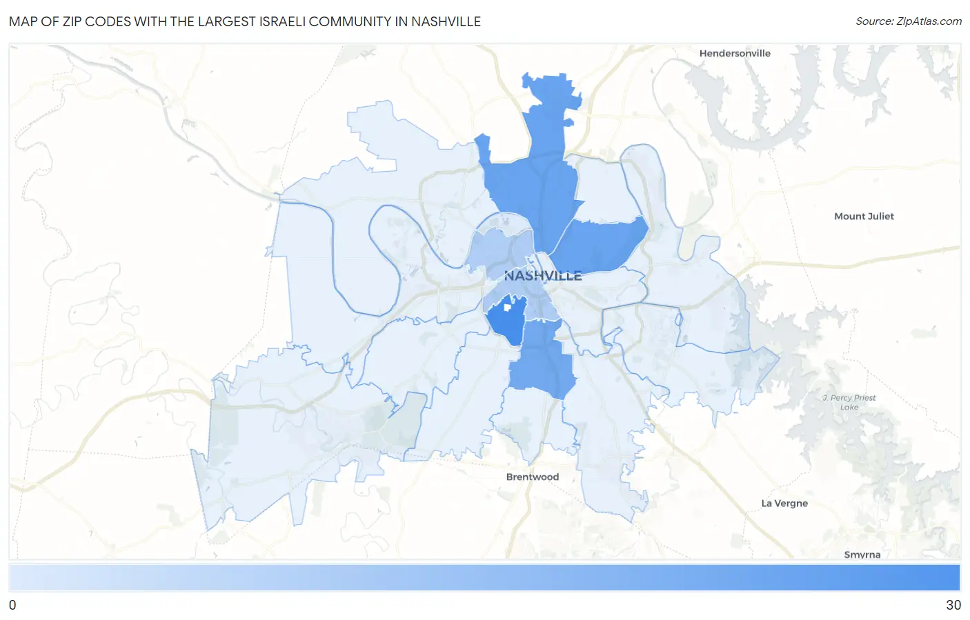 Zip Codes with the Largest Israeli Community in Nashville Map
