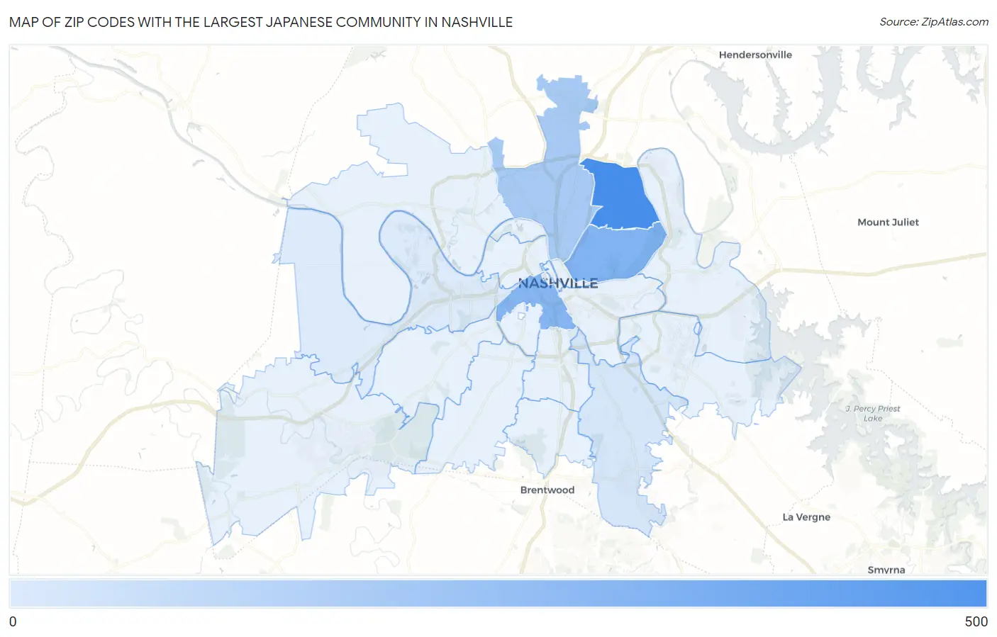 Zip Codes with the Largest Japanese Community in Nashville Map