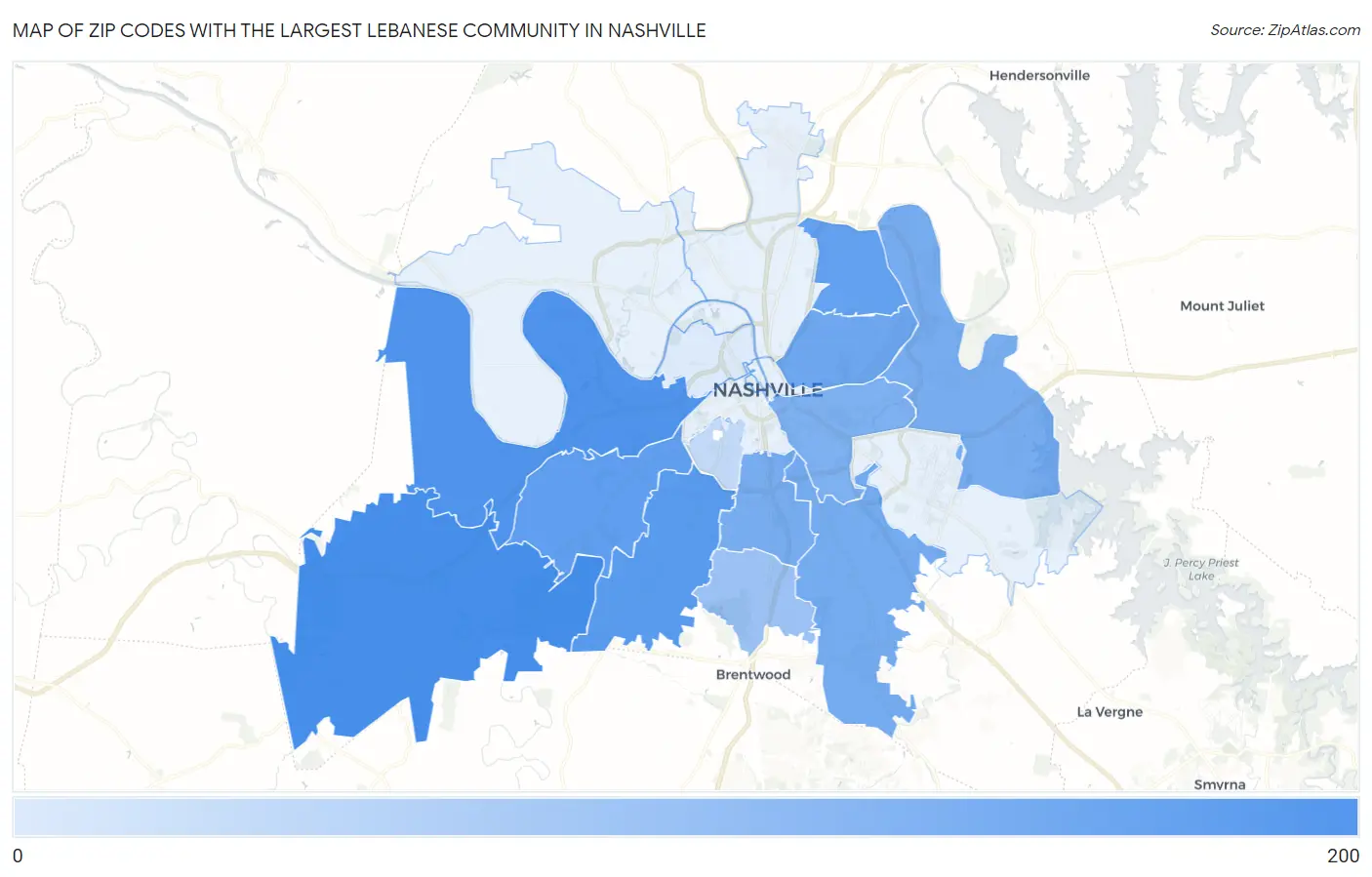 Zip Codes with the Largest Lebanese Community in Nashville Map