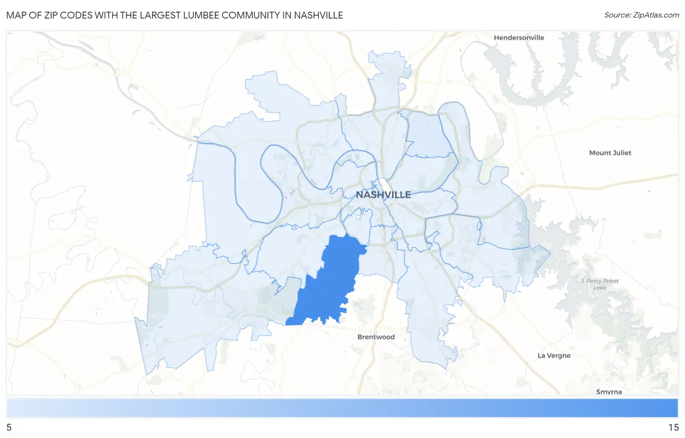 Zip Codes with the Largest Lumbee Community in Nashville Map