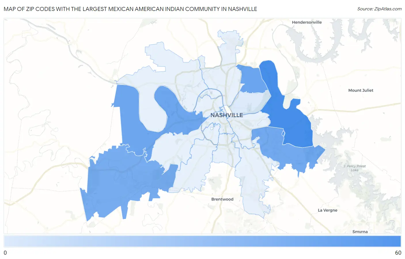 Zip Codes with the Largest Mexican American Indian Community in Nashville Map