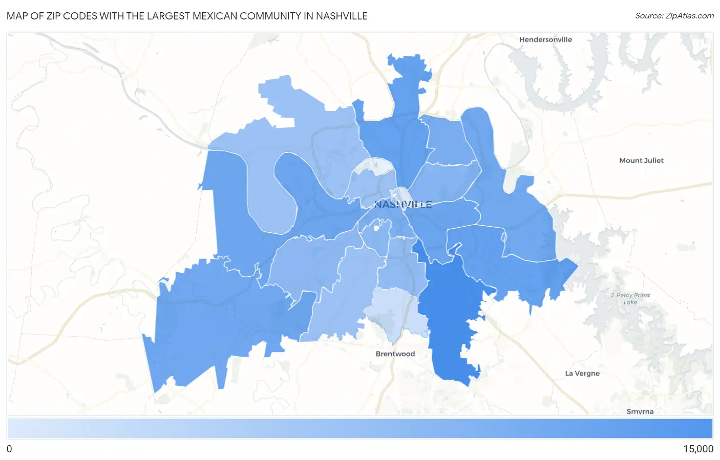 Zip Codes with the Largest Mexican Community in Nashville Map