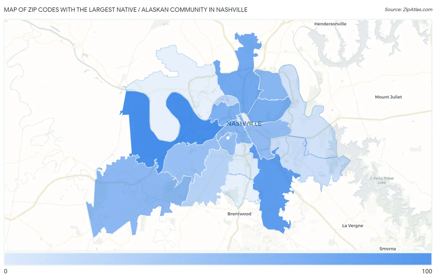 Zip Codes with the Largest Native / Alaskan Community in Nashville Map