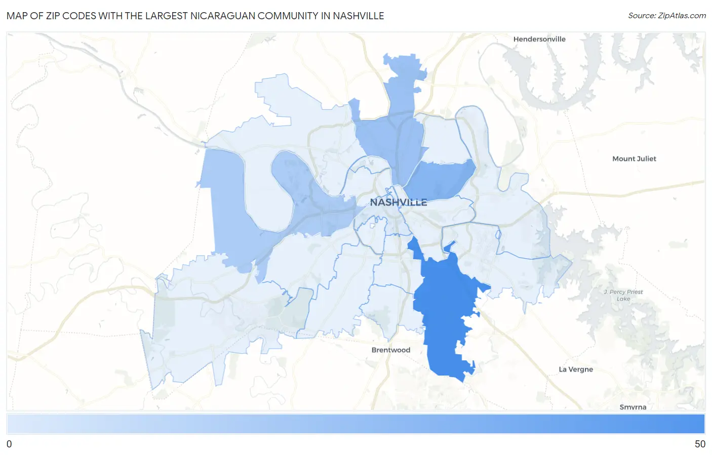 Zip Codes with the Largest Nicaraguan Community in Nashville Map