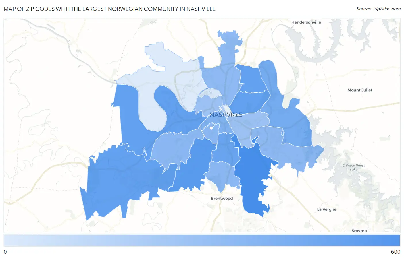 Zip Codes with the Largest Norwegian Community in Nashville Map