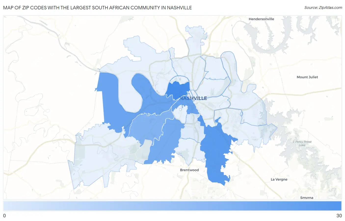 Zip Codes with the Largest South African Community in Nashville Map