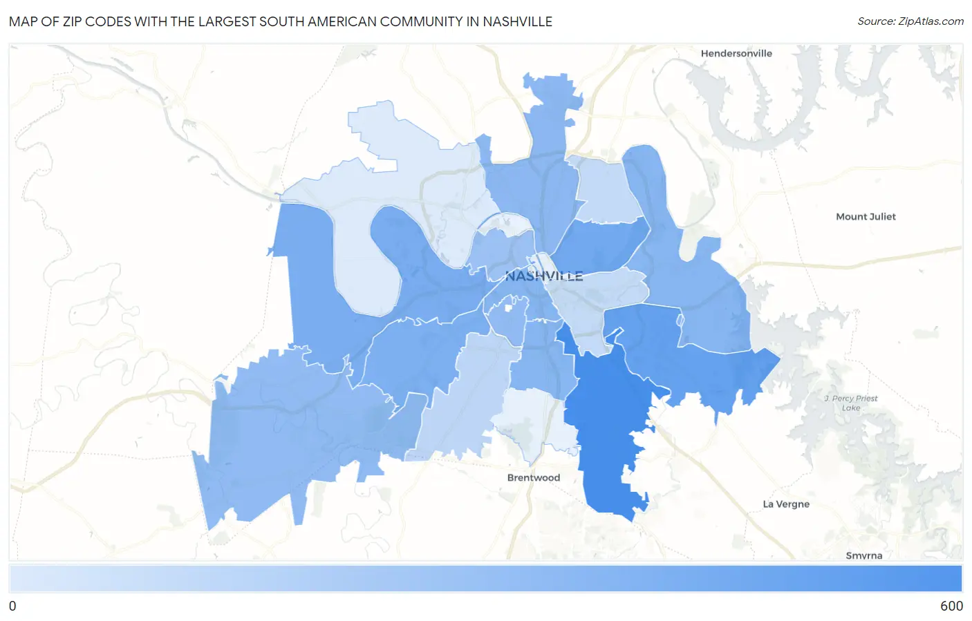 Zip Codes with the Largest South American Community in Nashville Map
