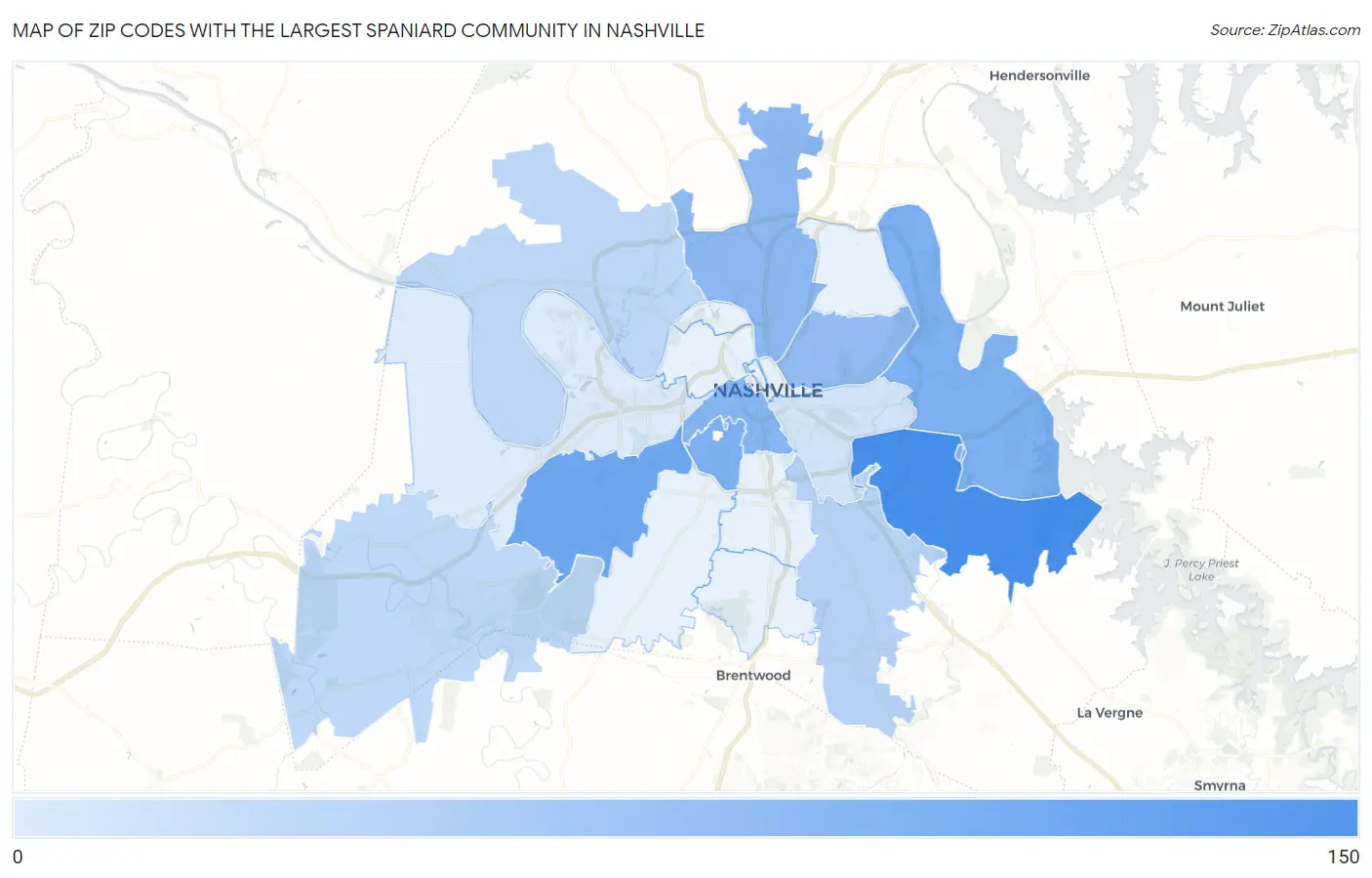 Zip Codes with the Largest Spaniard Community in Nashville Map