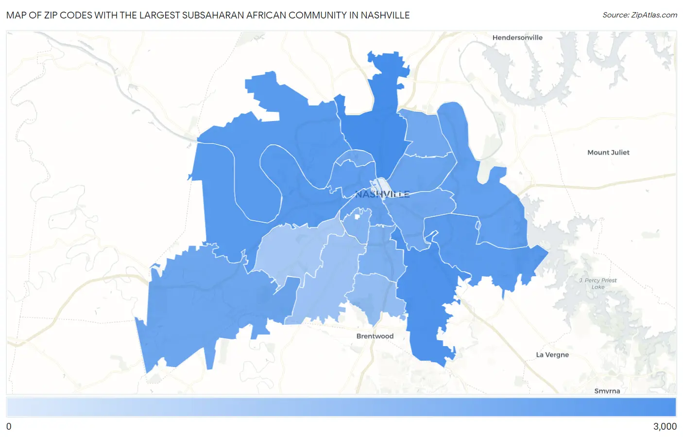 Zip Codes with the Largest Subsaharan African Community in Nashville Map