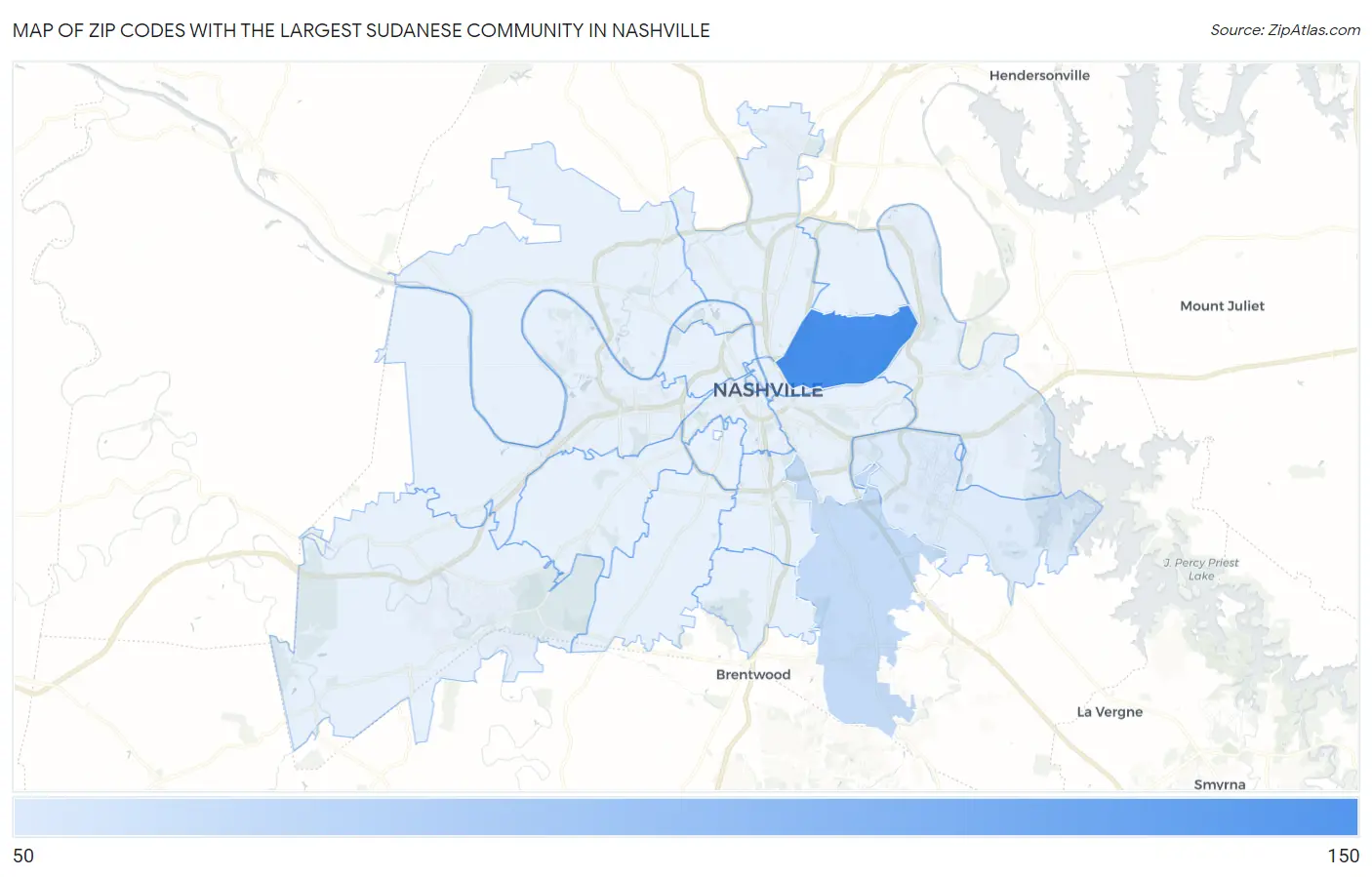 Zip Codes with the Largest Sudanese Community in Nashville Map
