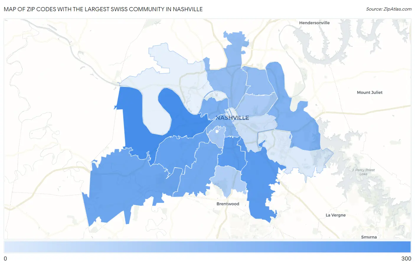 Zip Codes with the Largest Swiss Community in Nashville Map