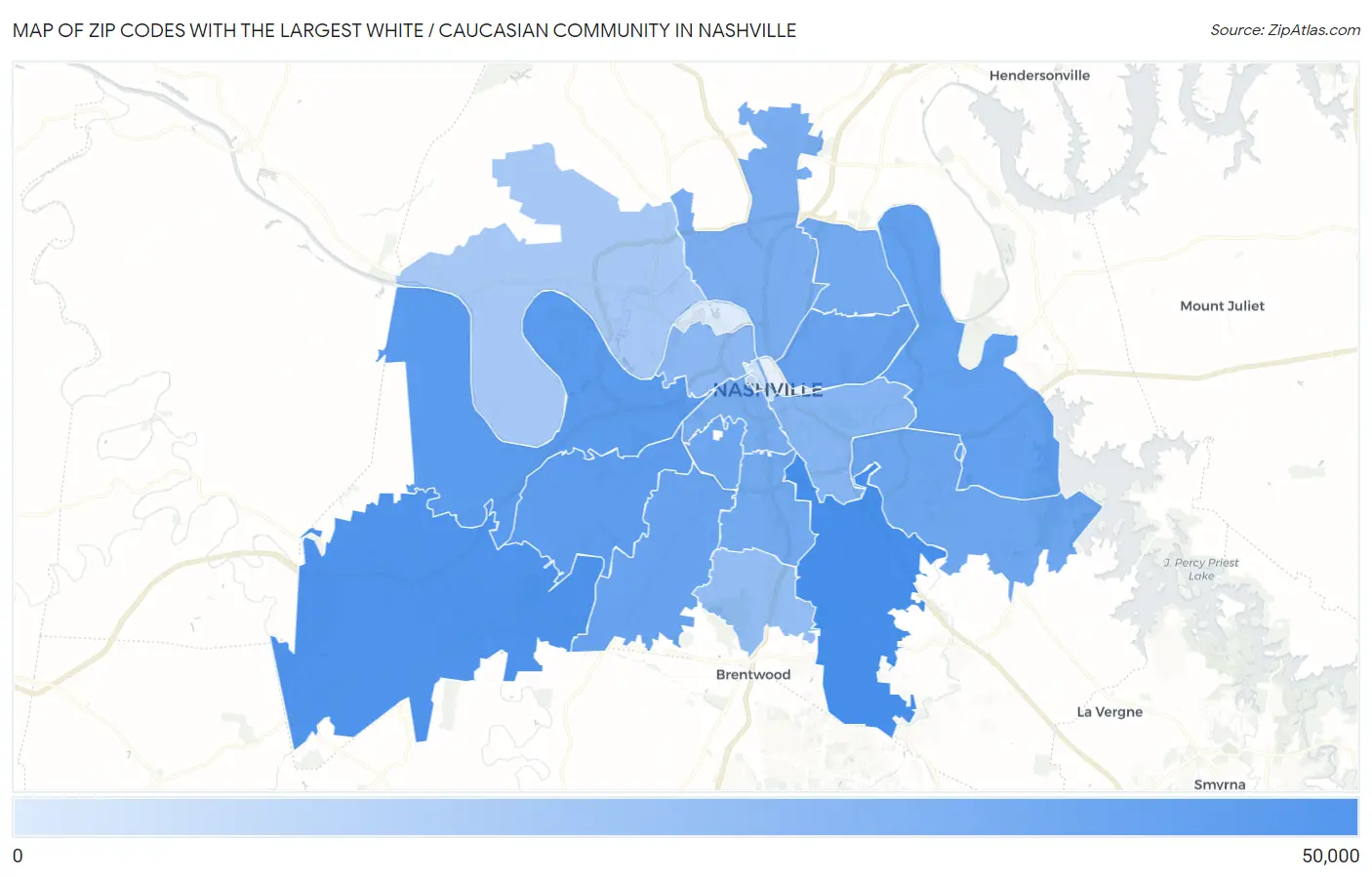 Zip Codes with the Largest White / Caucasian Community in Nashville Map