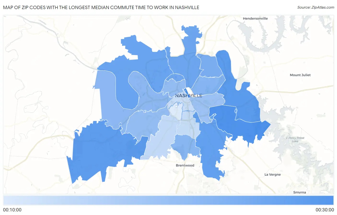 Zip Codes with the Longest Median Commute Time to Work in Nashville Map