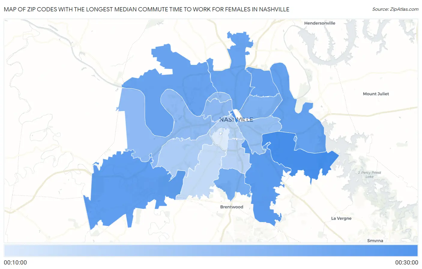 Zip Codes with the Longest Median Commute Time to Work for Females in Nashville Map