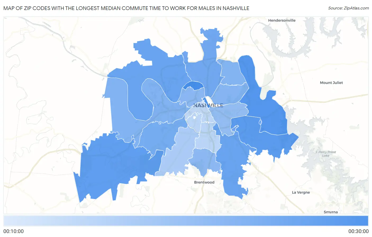 Zip Codes with the Longest Median Commute Time to Work for Males in Nashville Map