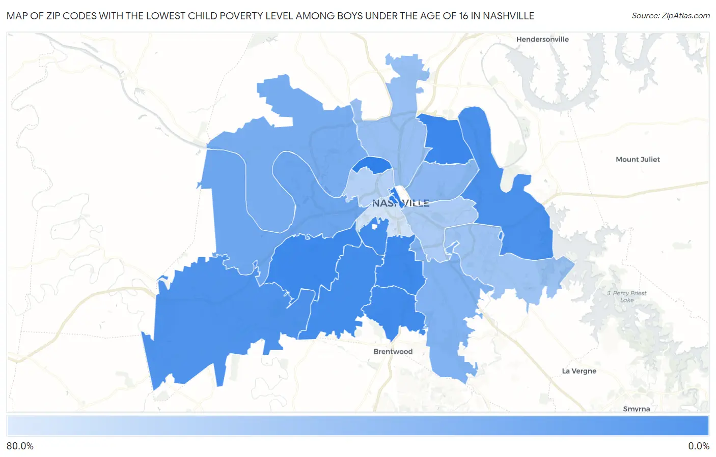 Zip Codes with the Lowest Child Poverty Level Among Boys Under the Age of 16 in Nashville Map