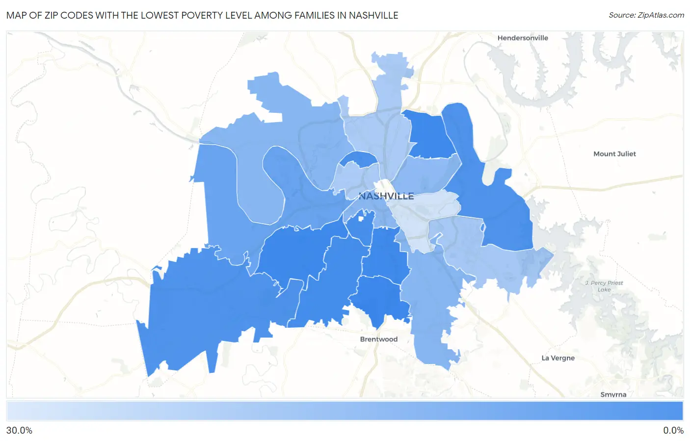 Zip Codes with the Lowest Poverty Level Among Families in Nashville Map
