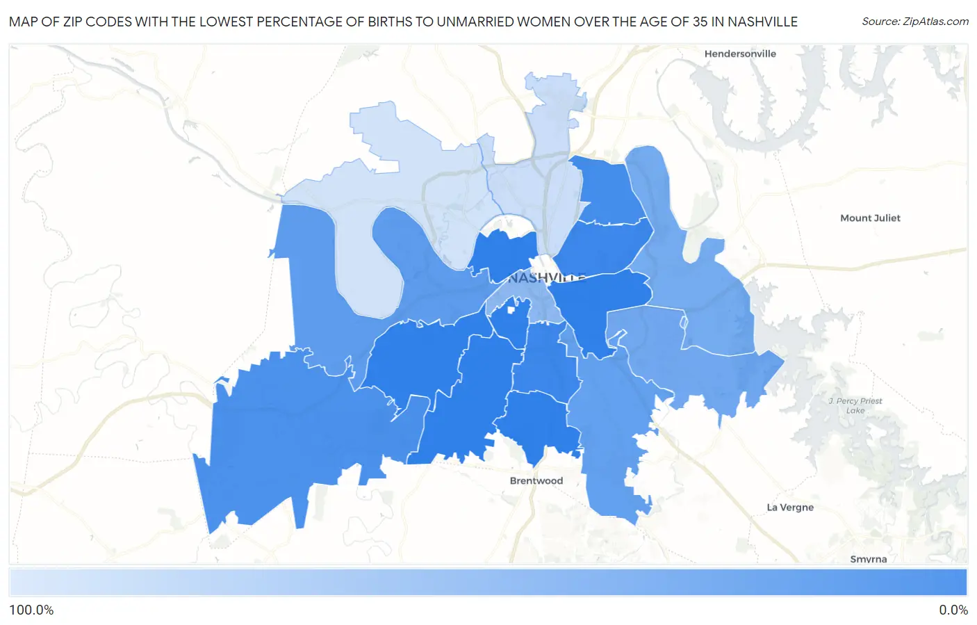 Zip Codes with the Lowest Percentage of Births to Unmarried Women over the Age of 35 in Nashville Map