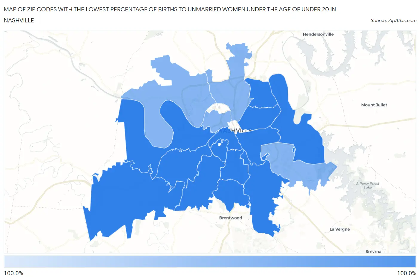 Zip Codes with the Lowest Percentage of Births to Unmarried Women under the Age of under 20 in Nashville Map