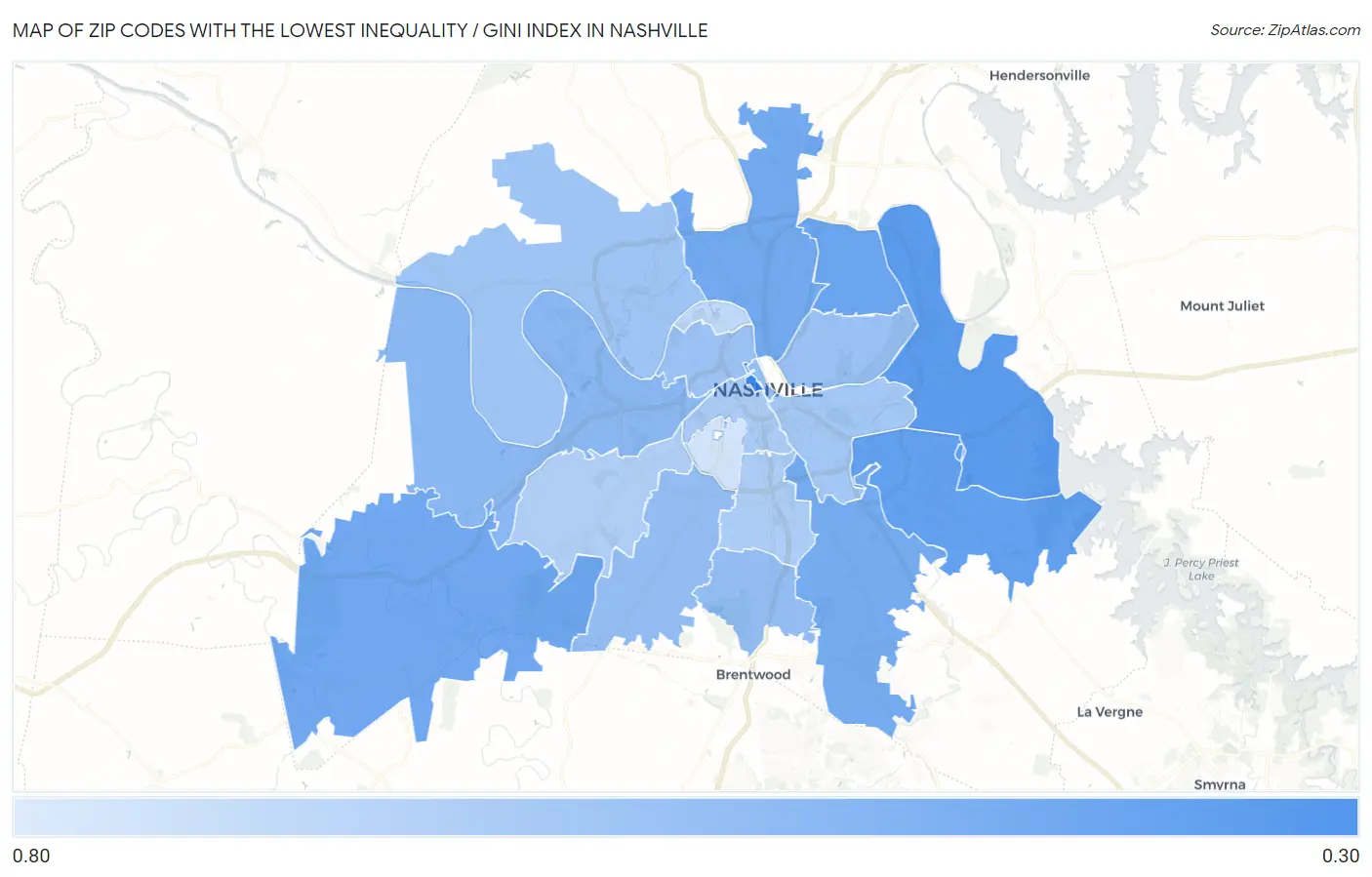 Zip Codes with the Lowest Inequality / Gini Index in Nashville Map